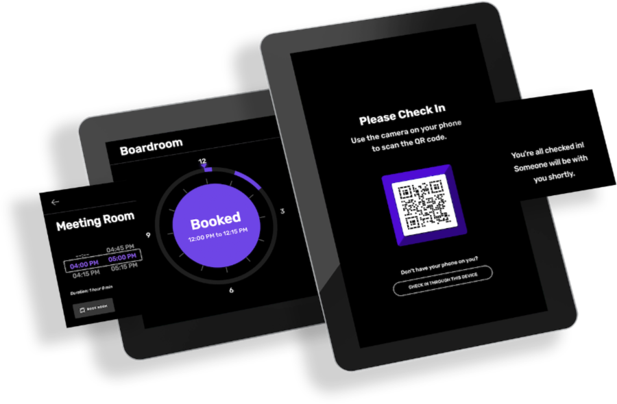 Tablet screens featuring a user-friendly check-in and room reservation interface, illustrating streamlined visitor management and meeting space scheduling.