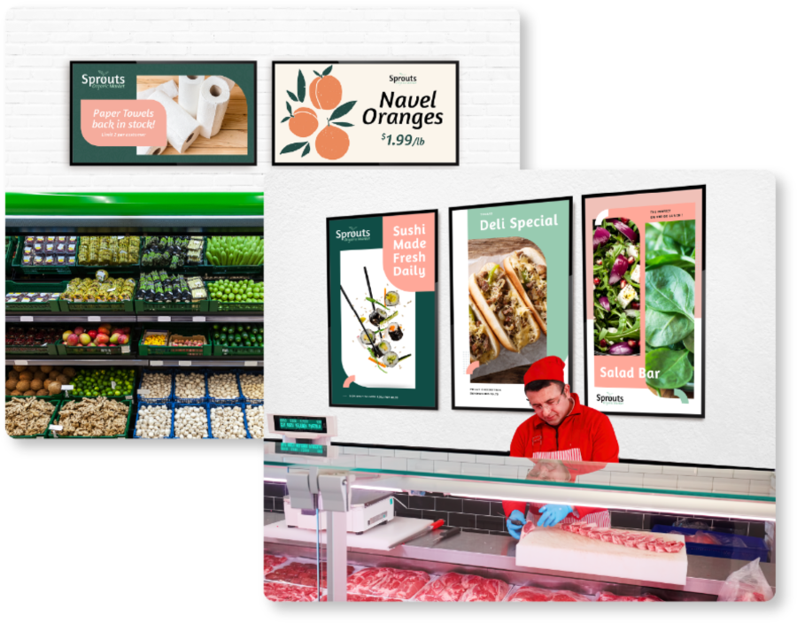 CUSTOMtronics grocery store digital signage featuring fresh produce promotions and daily specials.