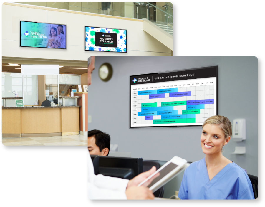 CUSTOMtronics healthcare digital signage showing patient information and hospital updates.