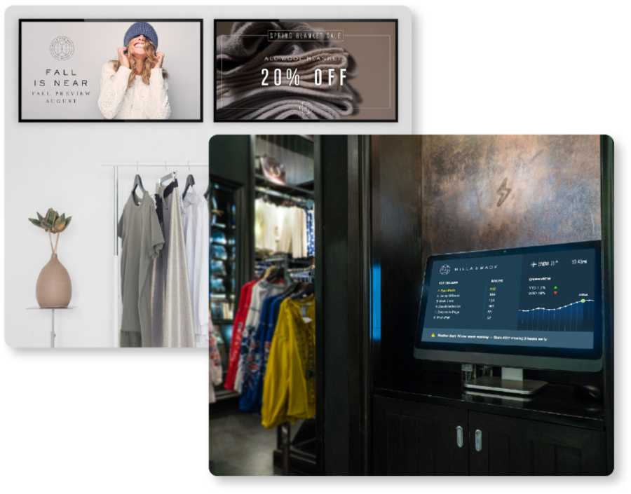 CUSTOMtronics retail digital signage showcasing seasonal sales, product highlights, and brand messaging.