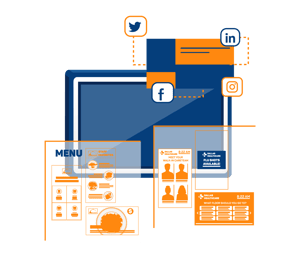 Illustration of a TV displaying various uses of digital signage including menu boards, building maps, hospital directories, TV promotions, and more. Illustration of a TV displaying various uses of digital signage including menu boards, building maps, hospital directories, TV promotions, and more.