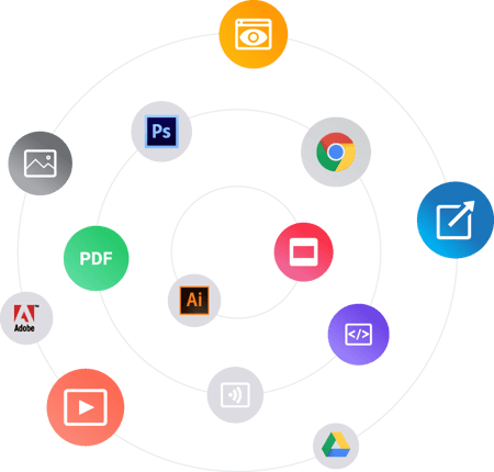 A visually engaging graphic with circular icons showcasing the compatibility of our digital signage platform, featuring supported software integrations like Adobe® Suite and Google Drive™, as well as a variety of file formats such as images, videos, PDFs, and more. 