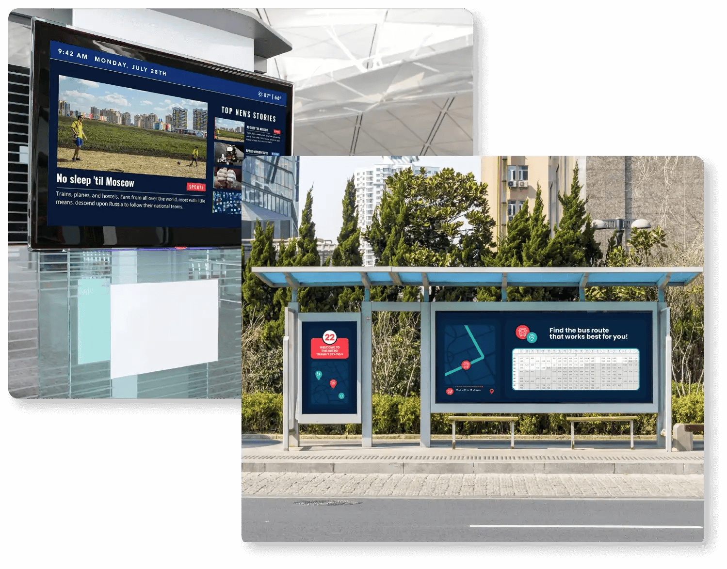 CUSTOMtronics transportation digital signage providing real-time schedules, route updates, and travel alerts.