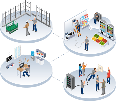 Illustration of CUSTOMtronics customer-first approach in 4 steps on-site consultation, installation on schedule, content design, and ongoing partnership with clients.