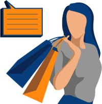 Illustration of a woman shopping in a store and hearing an in-store audio message through the store's speakers.