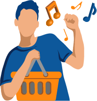 Illustration of a man dancing in a grocery aisle, showcasing the enjoyment of Music for Business solution provided by CUSTOMtronics.