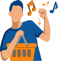 Illustration of a man dancing in a grocery aisle, showcasing the enjoyment of Music for Business solution provided by CUSTOMtronics. Illustration of a man dancing in a grocery aisle, showcasing the enjoyment of Music for Business solution provided by CUSTOMtronics.