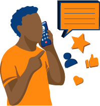 Illustration of a man on his phone listening to a business' on-hold music and messaging.