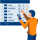 Illustration of a man selecting licensed music for on-hold use from a library of options for his business.