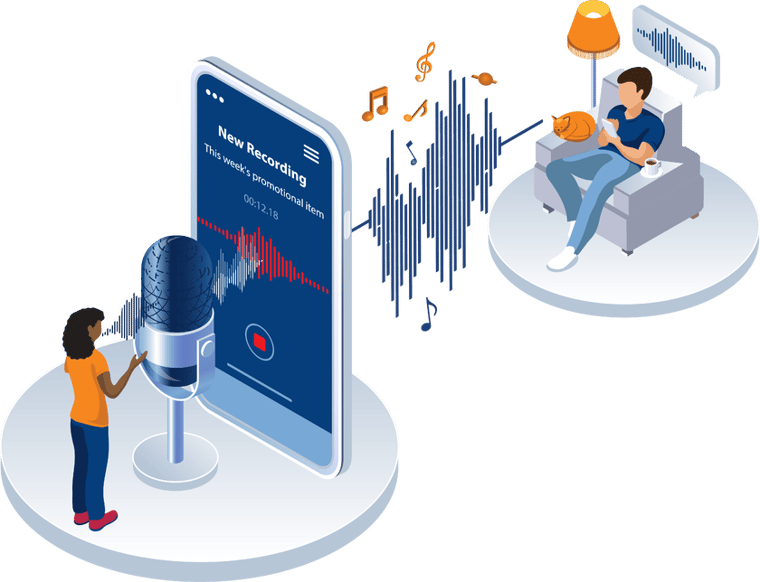 Isometric illustration showcasing on-hold music and messaging, highlighting how branded audio content can transform phone hold time into an engaging customer experience.