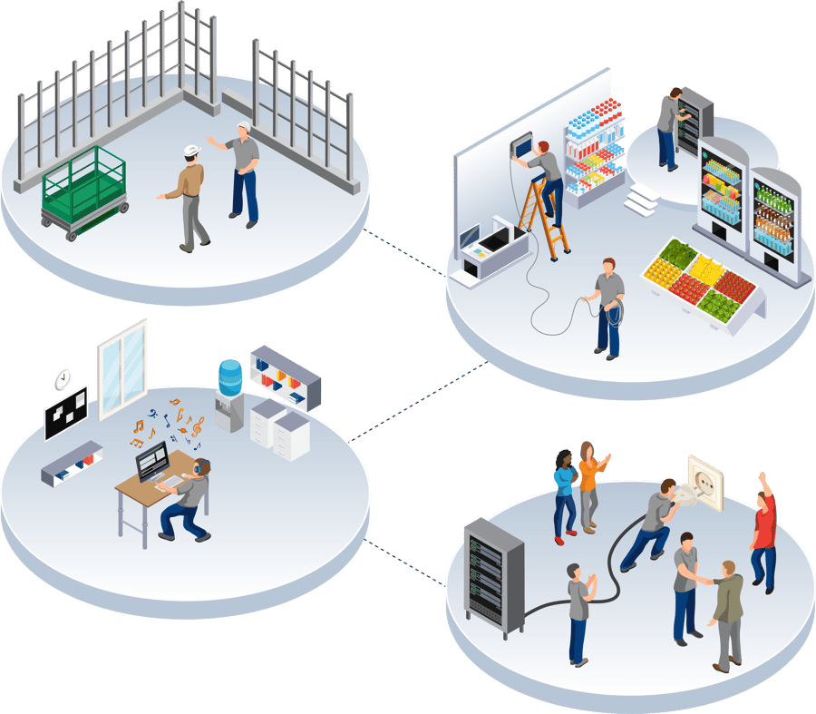 Illustration of CUSTOMtronics' customer-first approach in 4 steps: on-site consultation, installation on schedule, content design, and ongoing partnership with clients. Illustration of CUSTOMtronics' customer-first approach in 4 steps: on-site consultation, installation on schedule, content design, and ongoing partnership with clients.