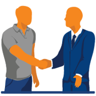 Isometric illustration of two business professionals shaking hands, representing a dedicated partnership for comprehensive in-store media solutions.